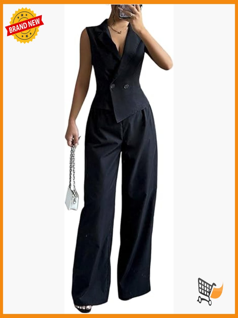 Double Breasted Blouse Wide Leg Pants Work Set